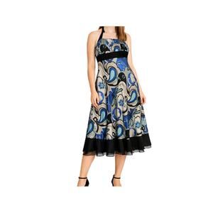 Trisesci Dress Womans Size 13 Blue Paisley Satin Taffeta  Tulle Halter Vintage
